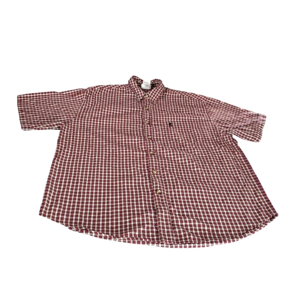 Disney World Shirt Men XL‎ Red White Gingham Plaid Embroidered Mickey Button Up